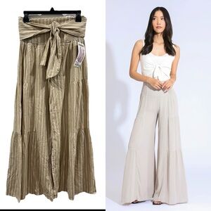 Rewash Tie Waist Tiered Wide Leg Tan Stripe Size Medium NWT Linen Blend